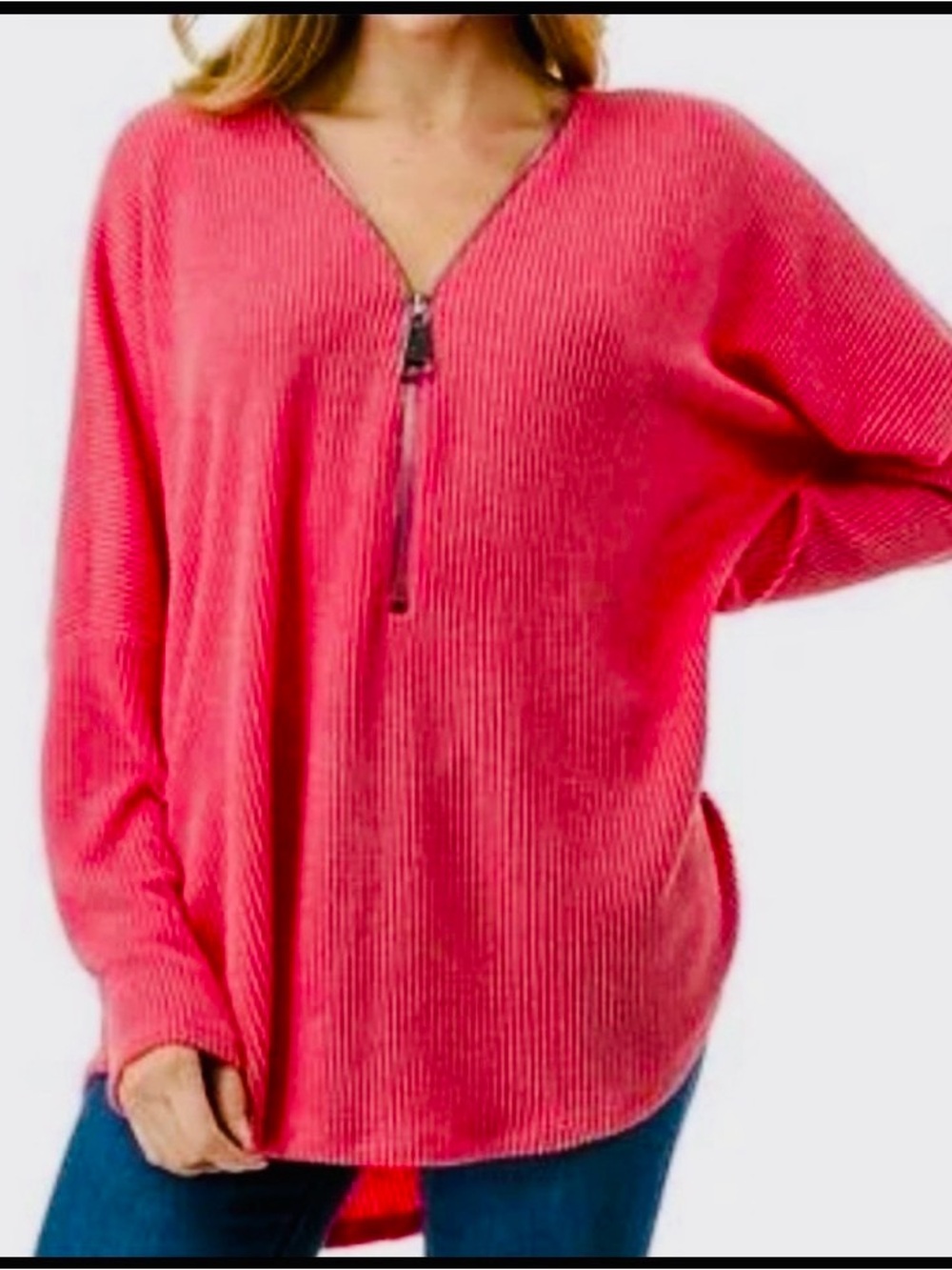 Ariella Henley Zip Tunic Top L Pink Dolman Ribbed Tunic Casual USA Made Relaxed